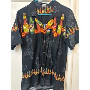 Palmwave Hawaii Mens Small Black Beer Bottle Hibiscus Cotton Aloha Camp Shirt